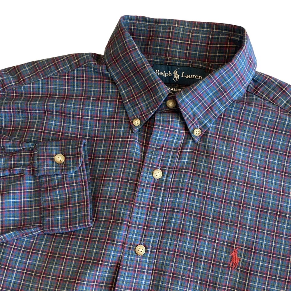 Ralph Lauren Shirt Mens Medium Classic Fit Plaid Button Down Blue Green Red